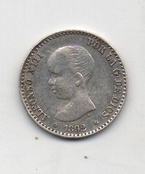 ESPAÑA ALFONSO XIII DEL AÑO 1892 (9*2) DE 0.50 CENTIMOS